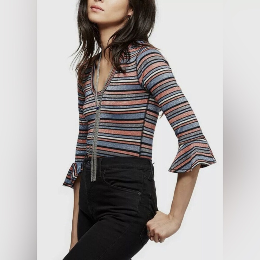 Free People Multicolor Striped Blouse with Zipper